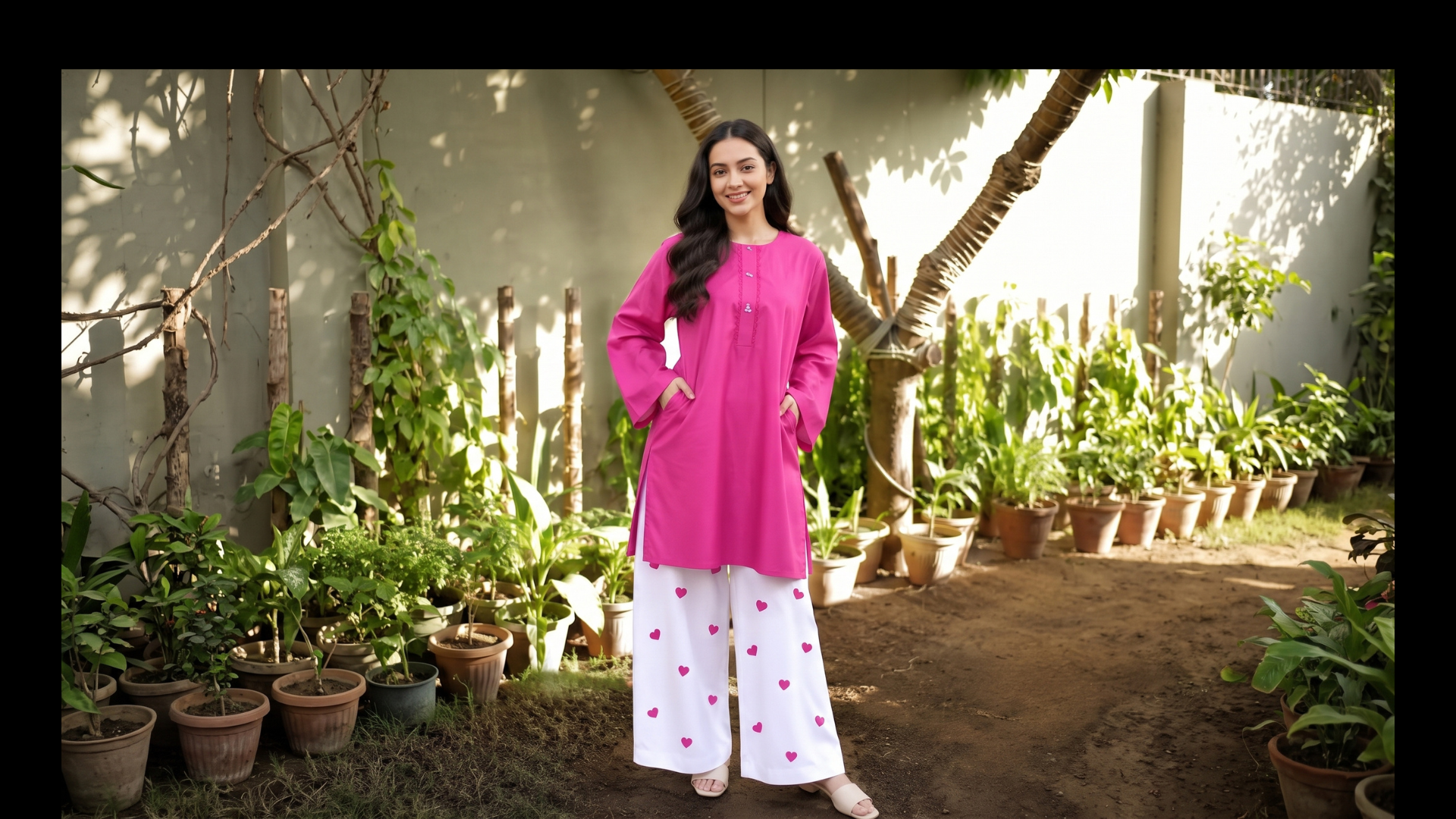 Pink Tunic with Heart Print Pants Set 2 Pcs