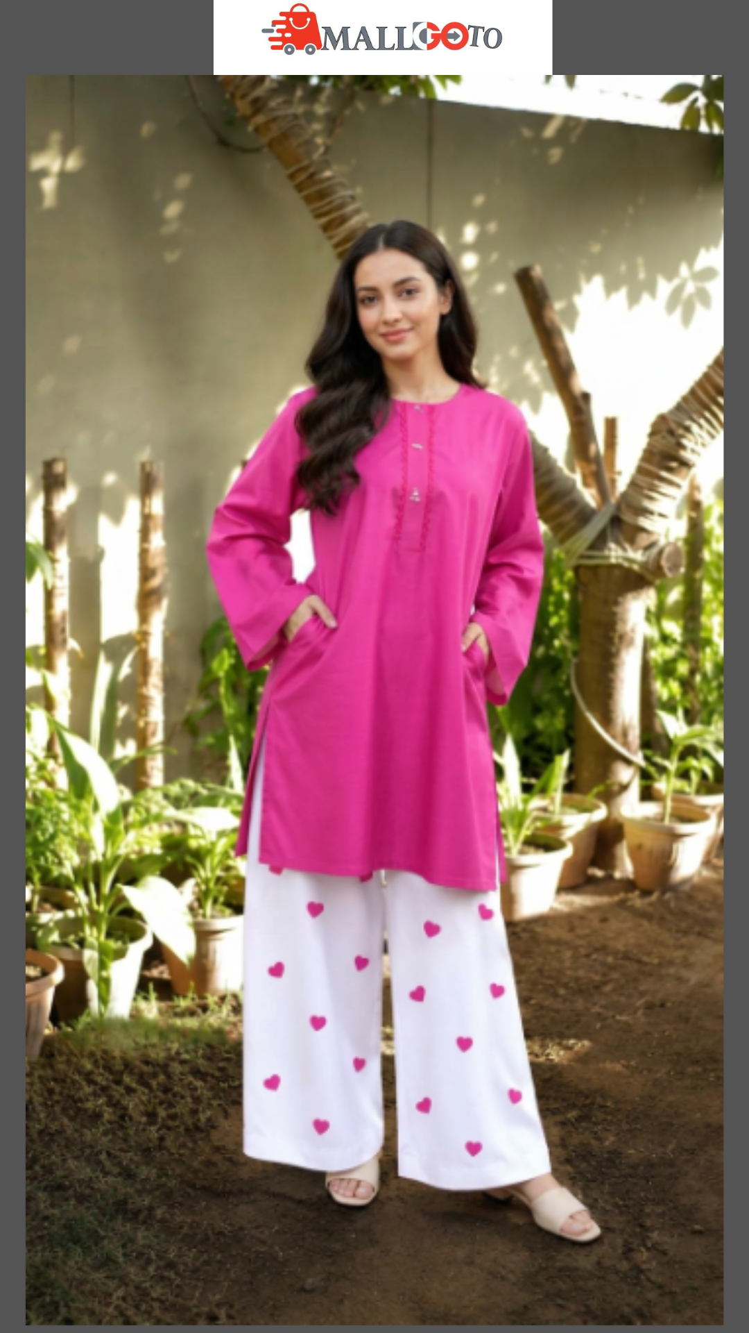 Pink Tunic with Heart Print Pants Set 2 Pcs